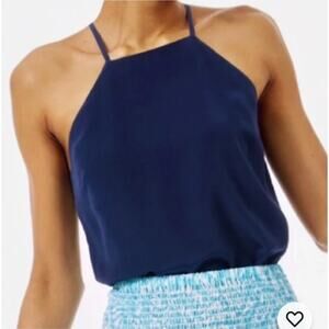 NWT Lilly Pulitzer Rae Silk Top Womens Size Large Halter True Navy Blue $98